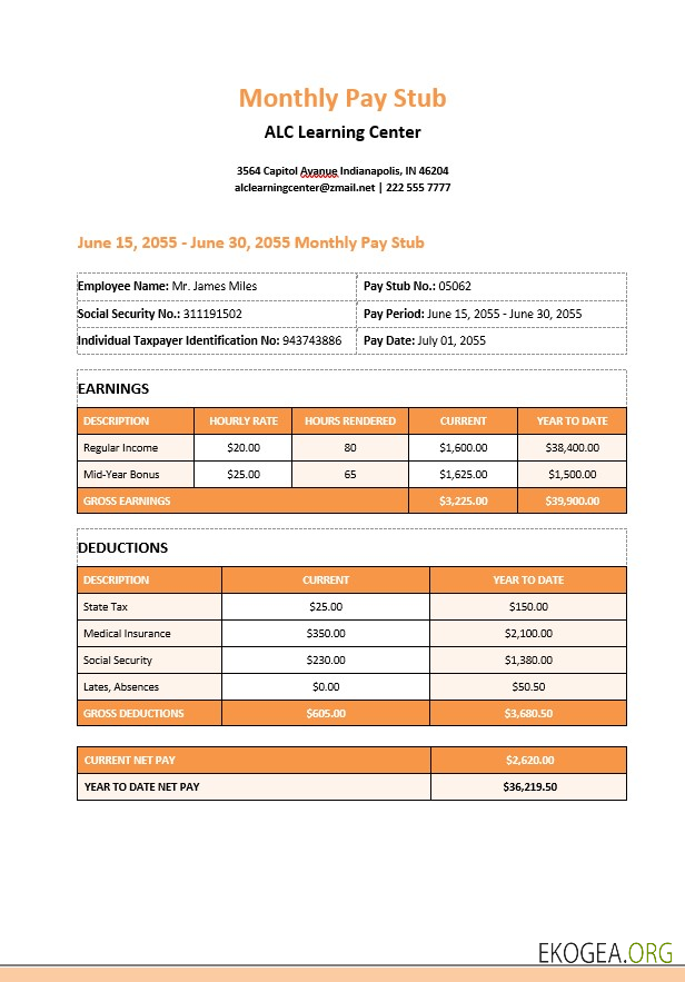Modèle Word et PDF de bulletin de paie mensuel du centre d'apprentissage